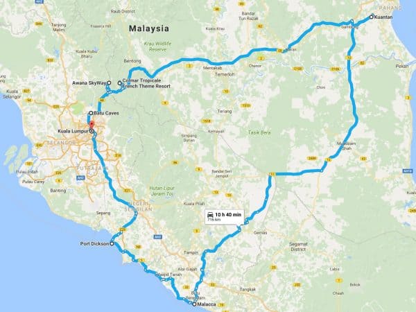 7 day Malaysia road trip map