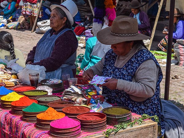 A rainbow of dyes for sale in Pisac market