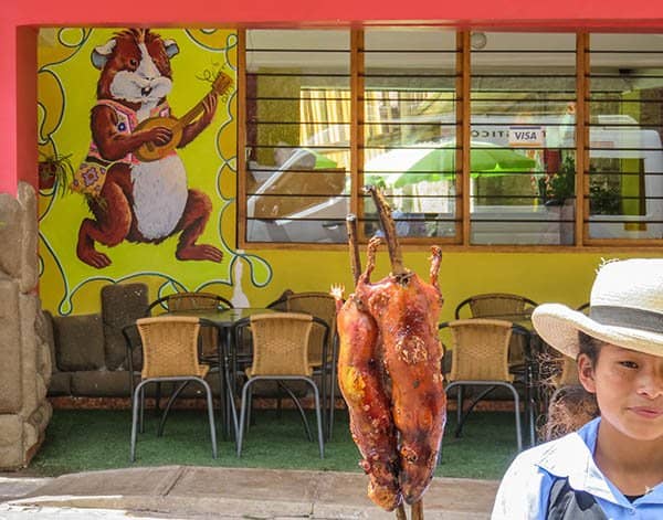 Sidewalk service of roasted cuy in Lamay