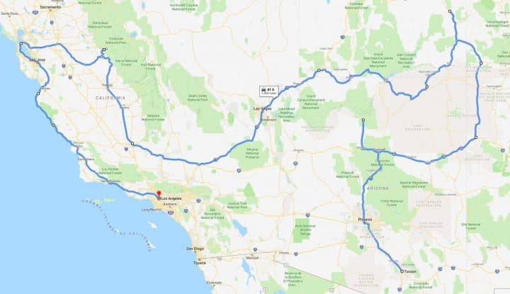 Epic southwest USA road trip map