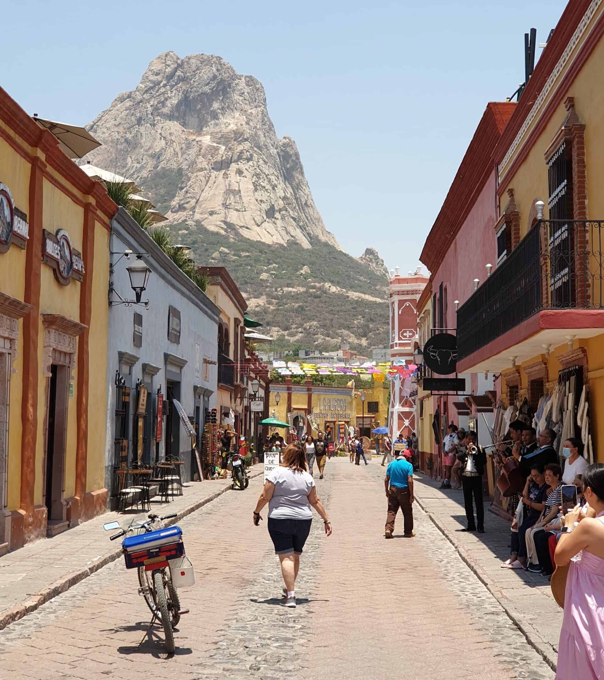 The main street of Bernal centro looking towards the famous Pena