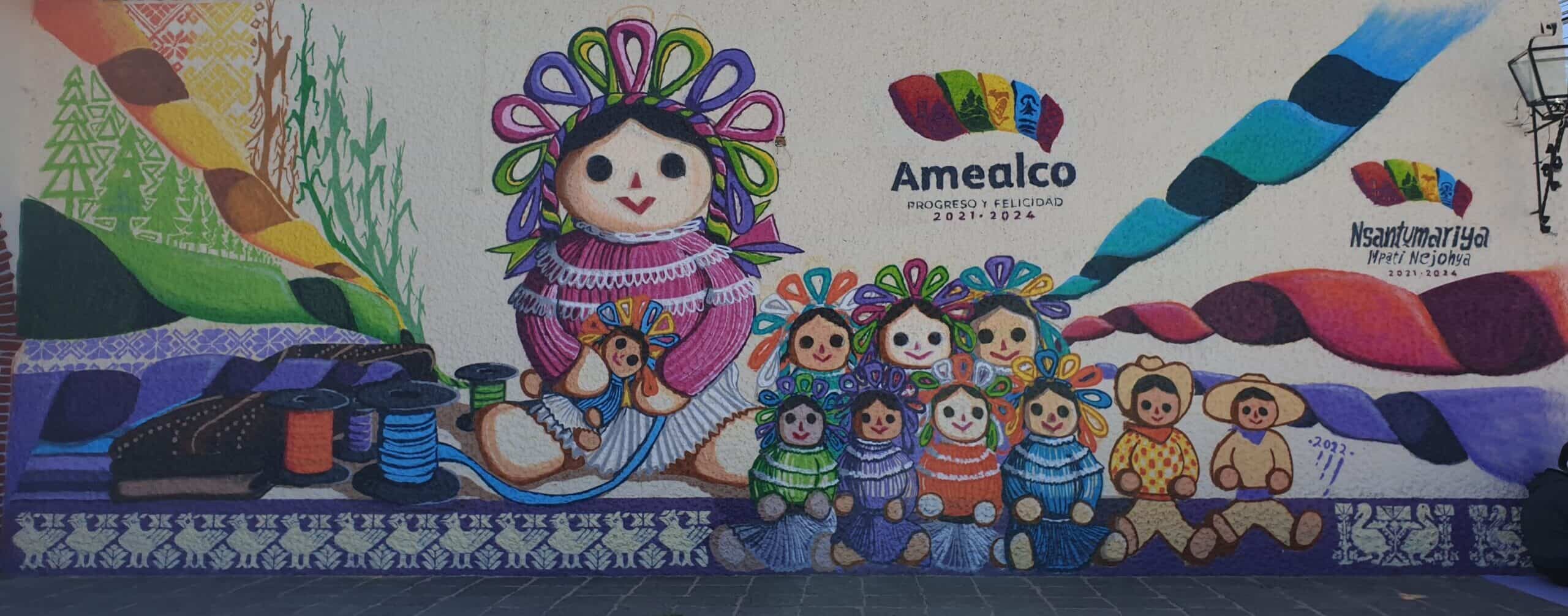 A mural in Amealco Mexico depicting the famous Maria dolls of the region