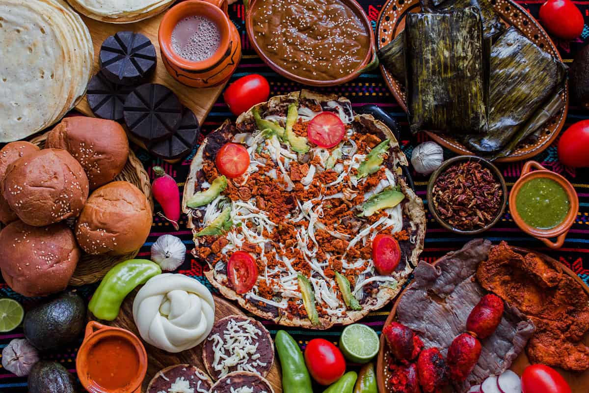 Oaxacan food including a traditional tlayuda