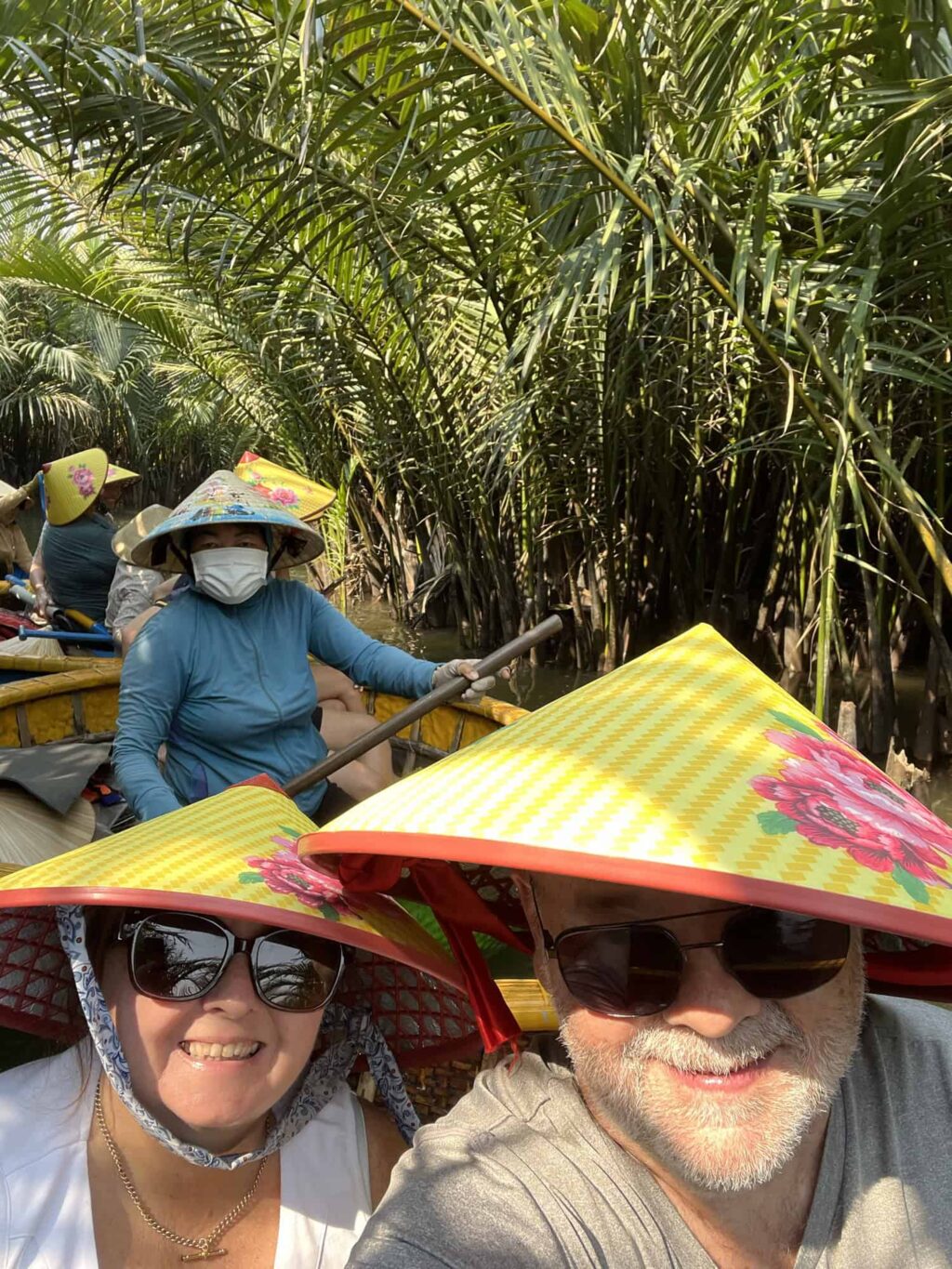 Dean and Pauline on the river in a basket boat near Hoi An