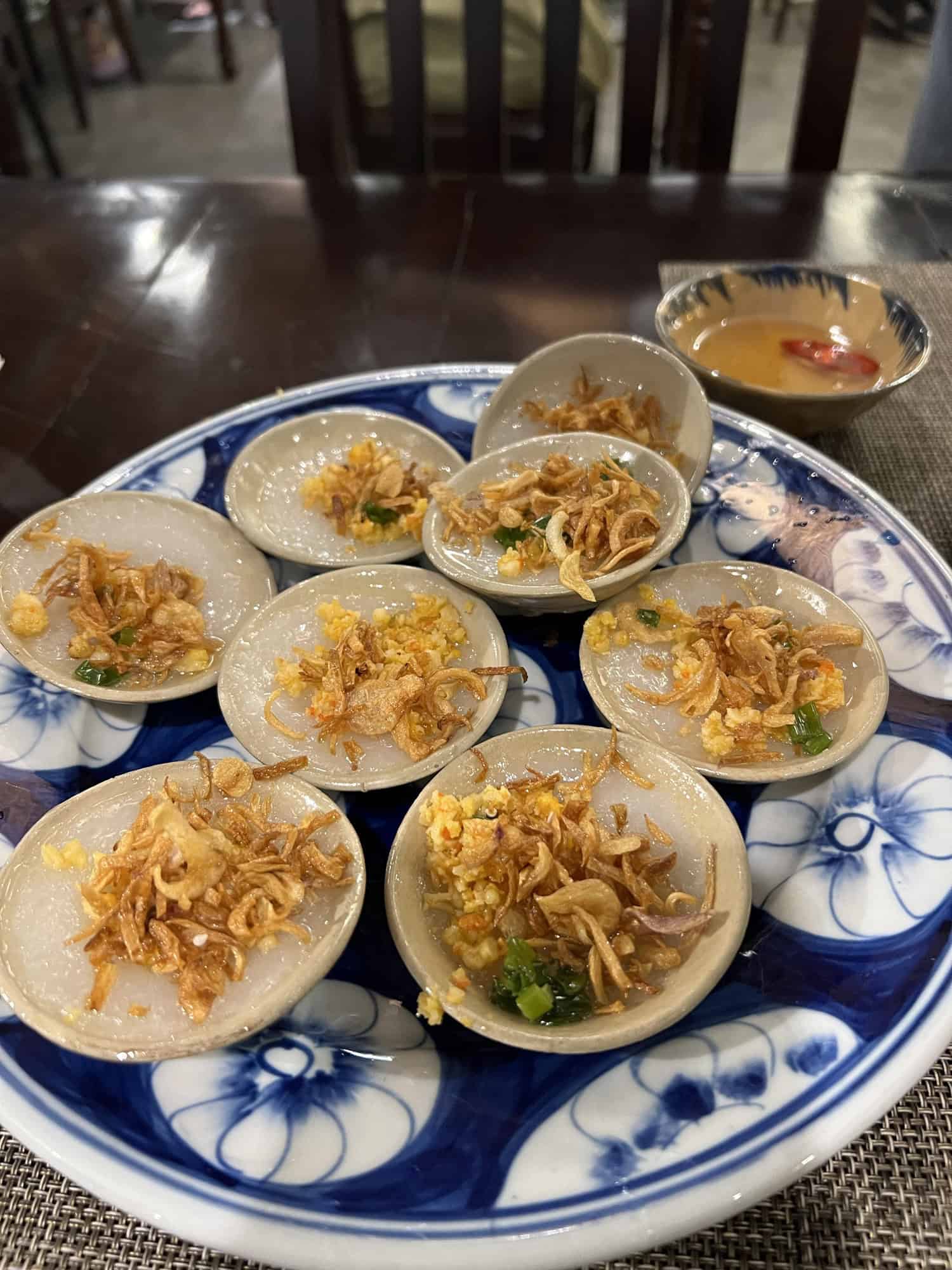 a plate of banh beo from a restaurant in Hue.