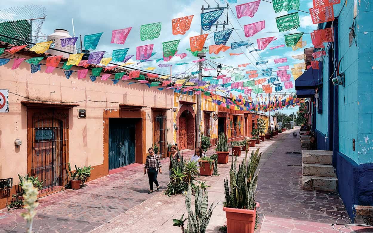 Oaxaca street with flags covering it