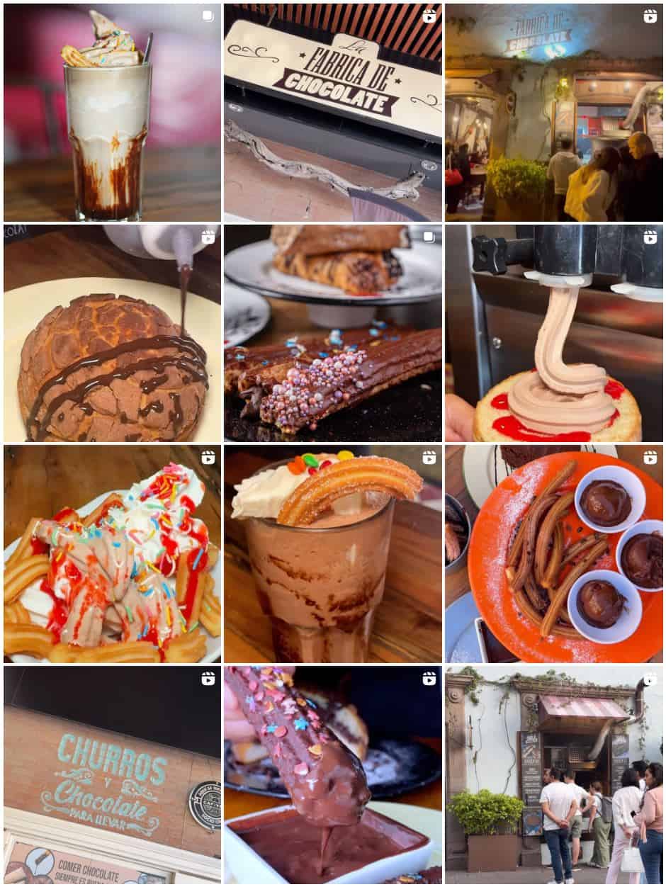 a collection of amazing churros and chocolate treats from the fabrica de chocolate in queretaro