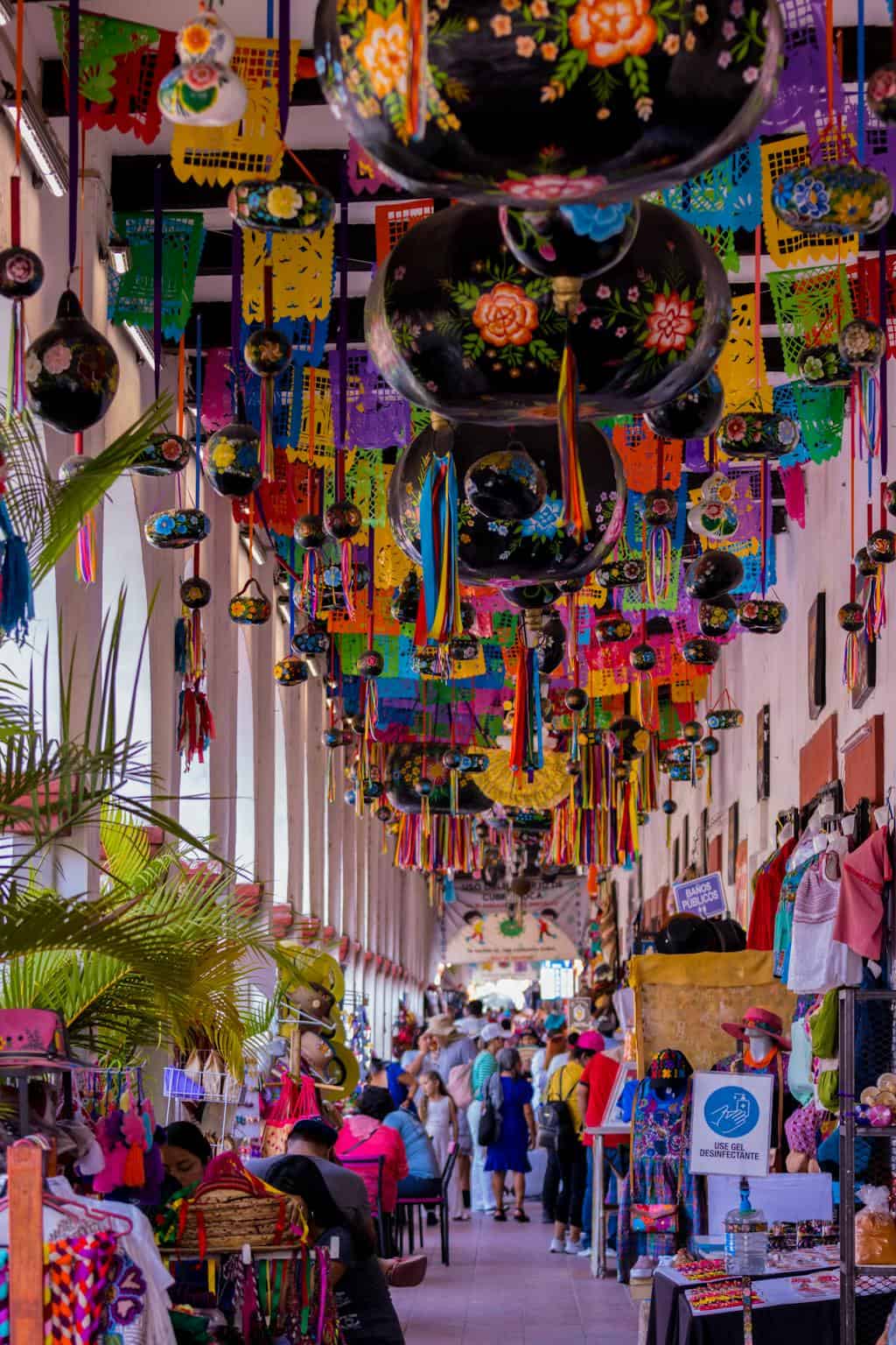 A colorful market with many colorful decorations